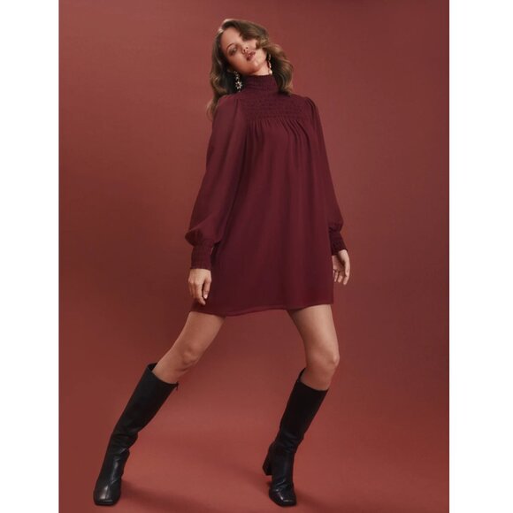 Reformation | Burgundy Brandi Smocked Long Sleeve Mini Dress | Size Small - Picture 5 of 15